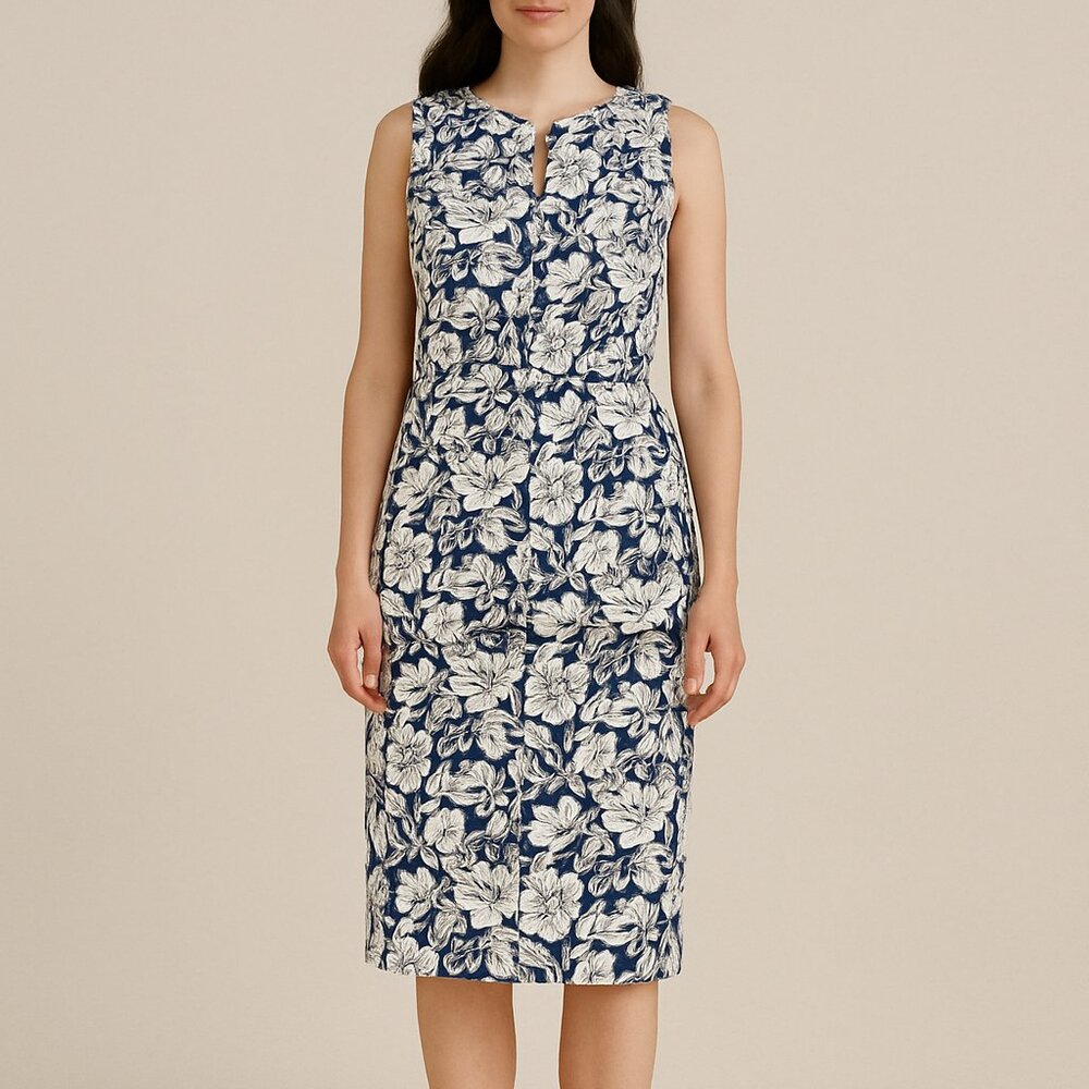 Lands’ End Navy Floral Dress 12 Tall Sleeveless Pockets Back Zip Preppy Nautical